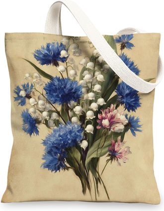 Generic Floral Canvas Tote Bag, Vintage Reusable Shopping Bags, Linen Lightweight Blue Shoulder Strap Bags 13x15 Inch