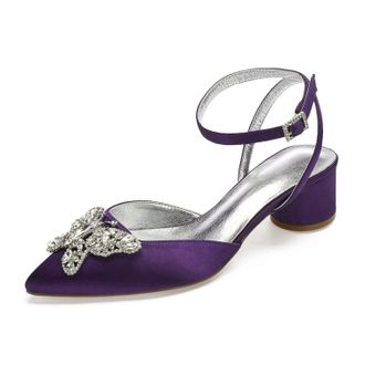 Generic Wedding Shoes Womens Bridal Pointed Toe Chunky Block Heel Ankle Strap Low Heels Slingback Heeled Sandals 4.5Cm,Dark Purple,4 UK