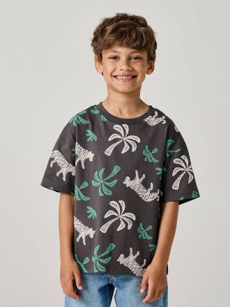 Vertbaudet T-Shirt bunter Alloverprint Jungen mit Recycling-Baumwolle anthrazit