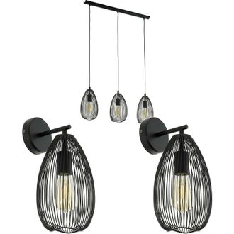 Loops 3 Bulb Ceiling Pendant & 2x Matching Wall Lights Black Wire Cage Shade Linear