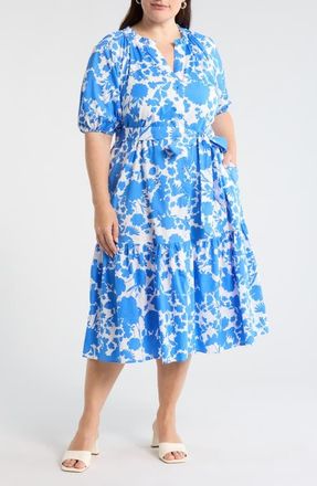 Sugarlips Marinelle Floral Wynette Cotton Tiered Midi Shirtdress in White-Med Blue at Nordstrom, Size 2 X