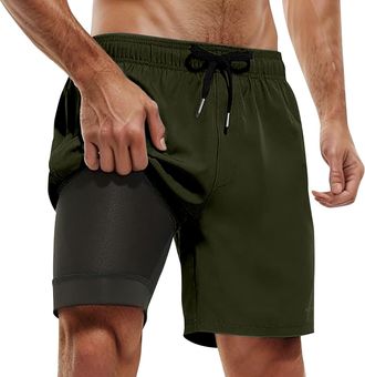 Generic Mens Swimming Shorts Swimming Trunks, Mens Trunks with Compression Liner 2 in 1 Shorts Quick Dry Swim Beach Board Mens Stretchy Beach with Pockets Men