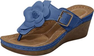 Generic Womens Summer Wedge Sandals With Floral Embellishments Solid Color Retro Flip Flops Fashionable Lightweight And Comfortable Summer Shoes Beach Walking