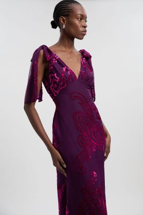 Karen Millen Womens Paisley Devore Plunge Woven Midi Dress - Purple Polyamide - Size 10 UK