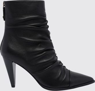 Pinko Vane Draped Leather Ankle Boots with High Flared Heel and Almond Toe