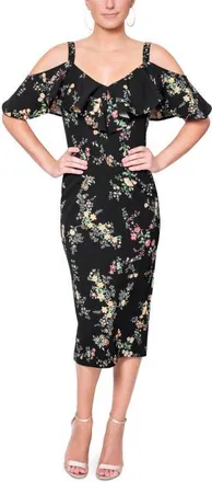 Rachel Roy Marcella Printed Off the Shoulder Ruffle Midi Dress in Black Fall Floral at Nordstrom, Size Xx-Large