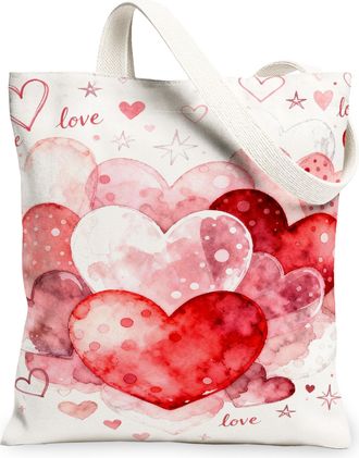 Generic Heart Canvas Tote Bags, Floral Design Reusable Grocery Bags, ValentineS Day Lightweight Washable Shoulder Strap for Travel, Red, 13x15 Inch
