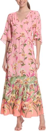 London Times 3/4 Sleeve Floral Print Maxi Dress In Pink Green
