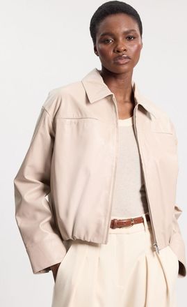 Karen Millen Womens Leather Collared Bomber Jacket - Cream - Size 12 UK