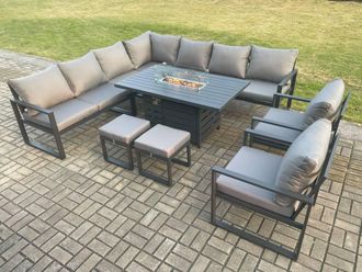 Fimous Aluminium 11 Seater Garden Furniture Outdoor Set Patio Lounge Sofa Gas Fire Pit Dining Table Set with 2 Chairs Dark Grey