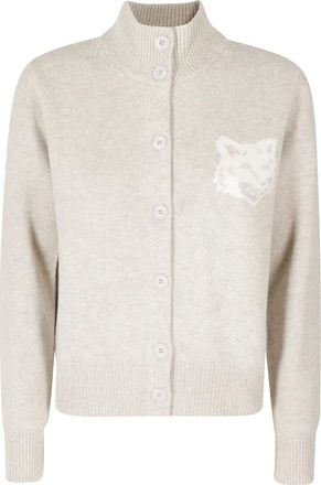 Maison Kitsun&eacute; C&aacute;rdigan de cuello alto en lana merino con intarsia Fox Head - Knitwear - Mujer - Beige - XS