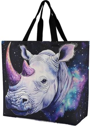 Generic Rhino with Purple Horns Reusable Shopping Bags One Shoulder Grocery Tote Bag Waterproof Big Purse for Work Travel