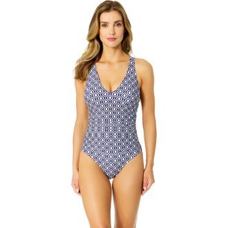 Anne Cole Womens Printed V Neck Cross Back One Piece Swimsuit in Azzurra Geo at Nordstrom, Size 12