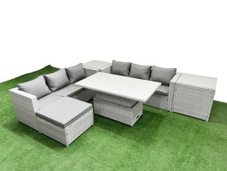 Fimous 6 PCs Rising Dining Table Set Rattan Furniture Set with 3 Seater Sofa in Light Grey
