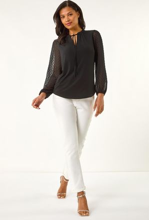 Roman Dobby Spot Tie Neck Mesh Top