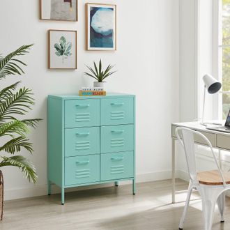 Furniturebox Teksi Modern Metal 6 Drawer Sideboard in Blue