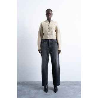 Topshop Cable Stitch Fitted Waist Cardigan in Oat at Nordstrom, Size X-Small