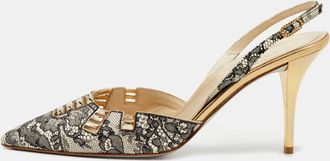 Rene Caovilla Black/white Leather And Lace Crystal Embellished Slingback Pumps