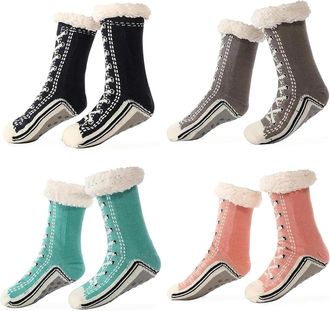 Generic Unisex Thick Cashmere Slipper Home Socks Fluffy Plush Comfy Sleeping Footwear Non-slip Grippy Boots Thermal Plush Booties (4pcs-m,One Size)