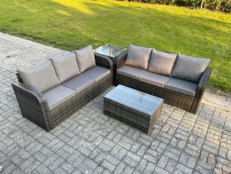 Fimous Outdoor Garden Furniture Sets 6 Seater Wicker Rattan Furniture Sofa Sets with Rectangular Coffee Table 3 Seater Sofa Side Table in Dark Grey