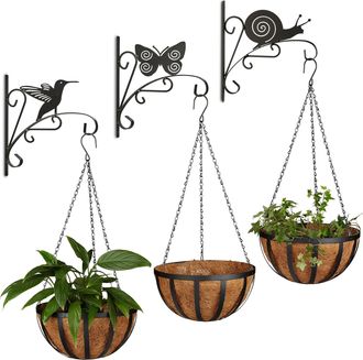 Relaxdays Juego De Flores De 6 Piezas, 3 Ganchos De Animales, Macetas Colgantes, 3 Cestas, Ganchos De Pared, Soporte Para Plantas