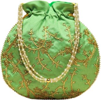 Generic Embroidered Potle Bag for Women | 9x9 Inch Ethnic Drawstring Purse with Pearl Handle | Wedding, Party & Festive Clutch, Green, 9*9