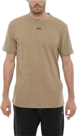Off-white Tops, Heren, Beige, L, Katoen, Slim Fit T-shirt met ronde hals en geborduurd logo