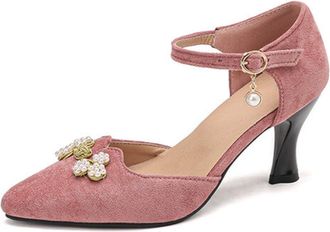 Generic Womens Pointed Toe Pumps Suede Ankle Strap Pearl Flower Accent Kitten Heel Cushioned Insole Anti-Slip Durable Sole Comfortable Fit,Pink,3.5 UK