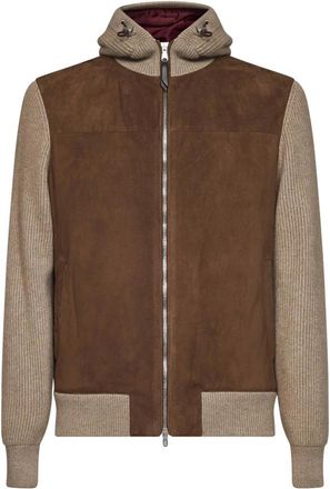 Brunello Cucinelli Suede Hooded Bomber Jacket - Heren - Leren en Su&egrave;de Jassen - Bruin - XL - Wol - Jassen