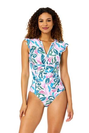 Anne Cole Womens Printed Flutter Sleeve Zip Up Rash Guard One Piece Swimsuit in Corallo Paisley at Nordstrom, Size 16