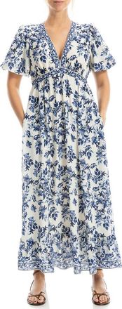 Max Studio Flutter Sleeve Empire Waist Maxi Dress in Cream/Blue at Nordstrom Rack, Size X-Large
