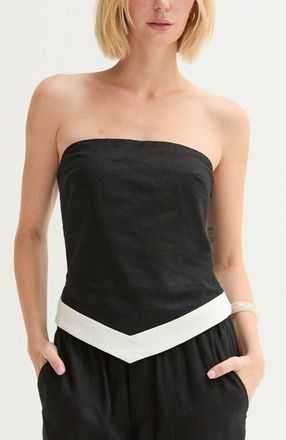 Crescent Asymmetric Hem Linen Blend Tube Top in Black/white at Nordstrom, Size Medium