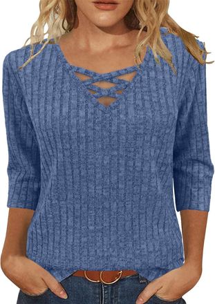 Generic Womens Sweaters Tops 3/4 Sleeve Baggy T Shirt Ribbed Blouses V Neck Plain Top Ladies Vintage Blouse Tunic Tops Jumpers Ladies Casual Loose Sexy Busine