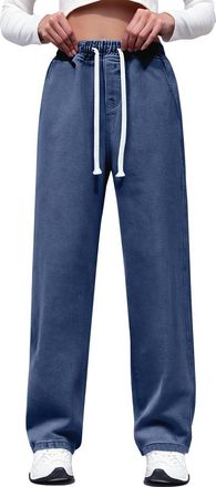Generic Wide Leg Jeans for Women Baggy High Waisted Jeans Stretch Straight Leg Pants Casual Drawstring Trousers Dark Blue