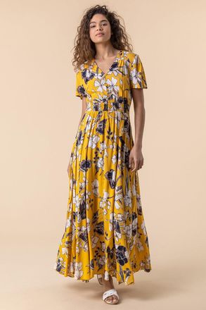 Roman Floral Print Shirred Waist Maxi Dress