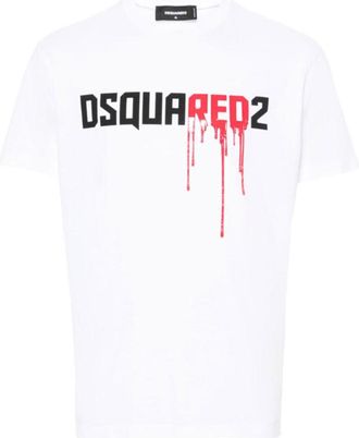 Dsquared2 Mens Dripping Logo White T-shirt Cotton - Size Medium