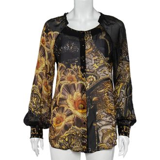 Roberto Cavalli Class by Roberto Cavalli Black Printed Silk Ruffled Neck Button Front Top M