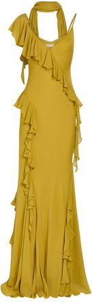De La Vali DE LA Vali Mayara Scar-effect Ruffled Chiffon Gown - Yellow - 14 (UK14 / L)