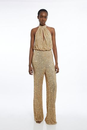 Karen Millen Tall Halter Jersey Stretch Sequin Wide Leg Jumpsuit