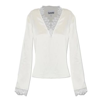 Ganni Top de Sat&eacute;n con Detalles de Encaje - Blouses & Shirts - Mujer - Beige - XS