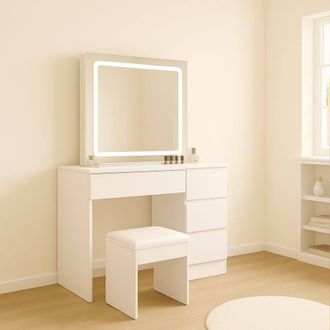 Kosy Koala Modern Dressing Table with LED Lights Mirror Vanity Makeup Desk Stool in White