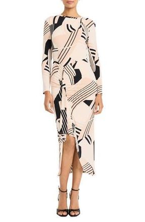 Maggy London Geo Print Long Sleeve Asymmetric Midi Dress in Cream/Black at Nordstrom Rack, Size 14