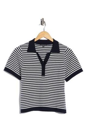 Adrianna Papell Stripe Short Sleeve Polo Sweater in Blue Moon/Ivory at Nordstrom Rack, Size X-Small
