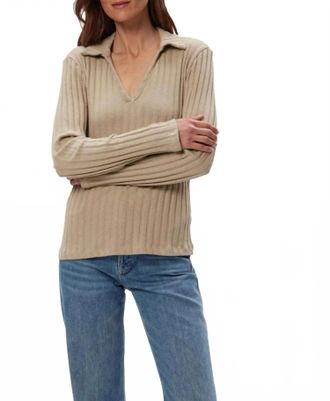 Michael Stars Liyah London Rib Long Sleeve Collared Tee In Macadamia