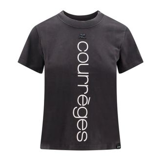 Courr&egrave;ges T-Shirts, female, Gray, Size: S Stone Washed Cotton T-Shirt with Logo