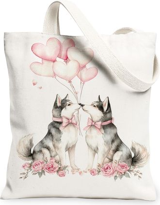 Generic Cute Floral Canvas Tote Bags, Dog Heart Pattern Reusable Grocery Bags, Spring Vintage Lightweight Washable Shoulder Strap C, White, 13x15 Inch
