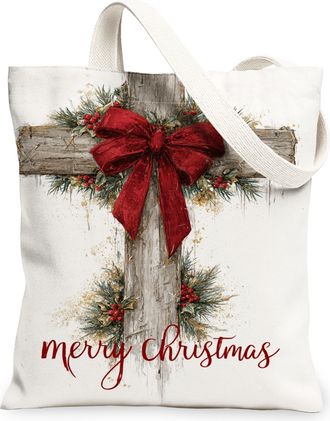 Generic Christmas Floral Canvas Tote Bags, Rustic Holiday Design Reusable Grocery Bags, Vintage Lightweight Washable Shoulder Strap, Red, 13x15 Inch