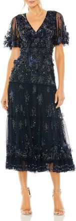 Mac Duggal Floral Embellished Flutter Sleeve Tiered Dress in Midnight at Nordstrom, Size 10