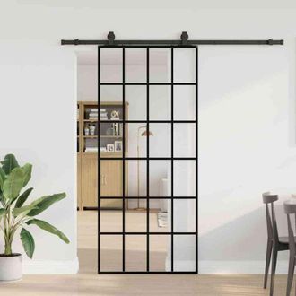 vidaXL Vidaxl - Puerta Corredera Con Set Herrajes Negro 90x205 Cm Vidrio Esg
