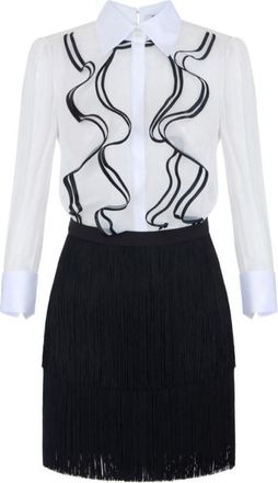 Elisabetta Franchi BlackWhite Solid Shirt Collar Mini Dress